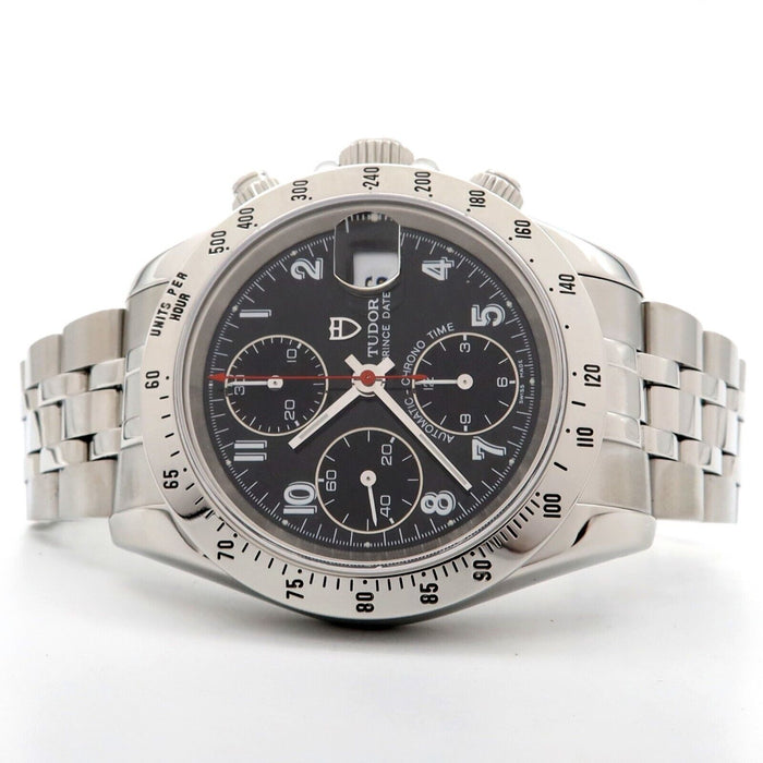 Tudor Prince Date Chronograph with black dial and steel bracelet in Houston & Bellaire, TX