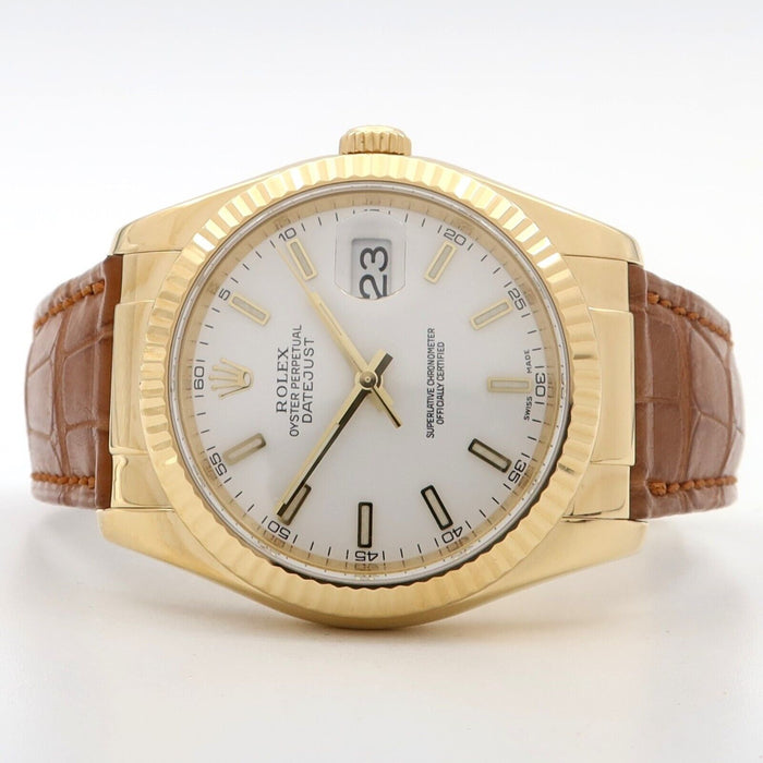 Rolex Datejust 36 White Dial Solid 18K Yellow Gold & Leather w/Box 36MM 116138