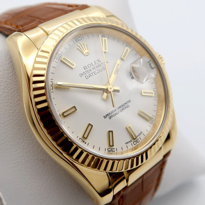 Rolex Datejust 36 White Dial Solid 18K Yellow Gold & Leather w/Box 36MM 116138