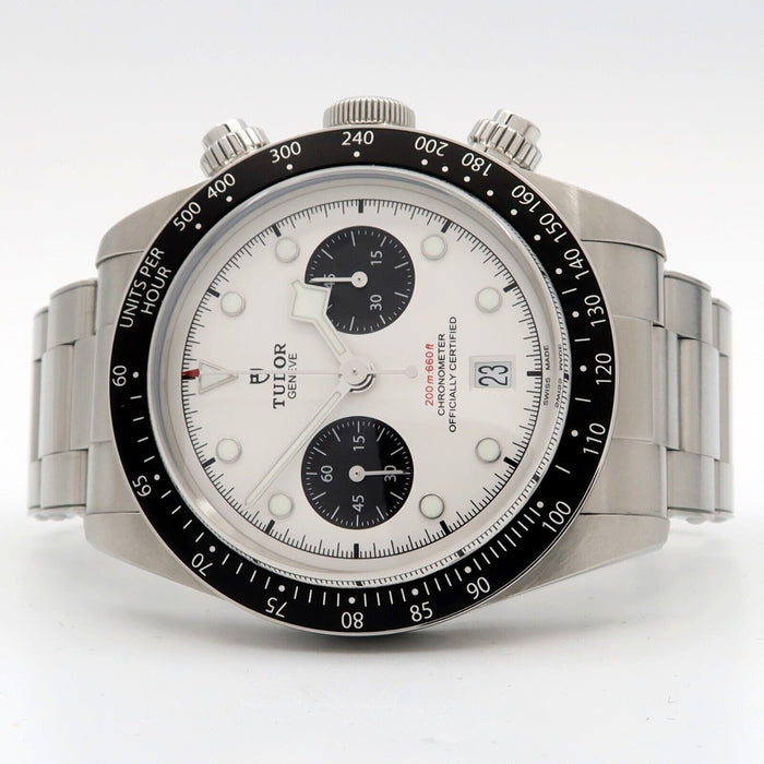 Close-up of Tudor chronograph watch with white dial and black bezel in Houston & Bellaire, TX