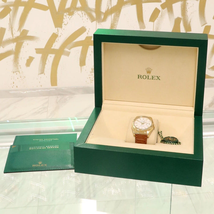 Rolex Datejust 36 White Dial Solid 18K Yellow Gold & Leather w/Box 36MM 116138