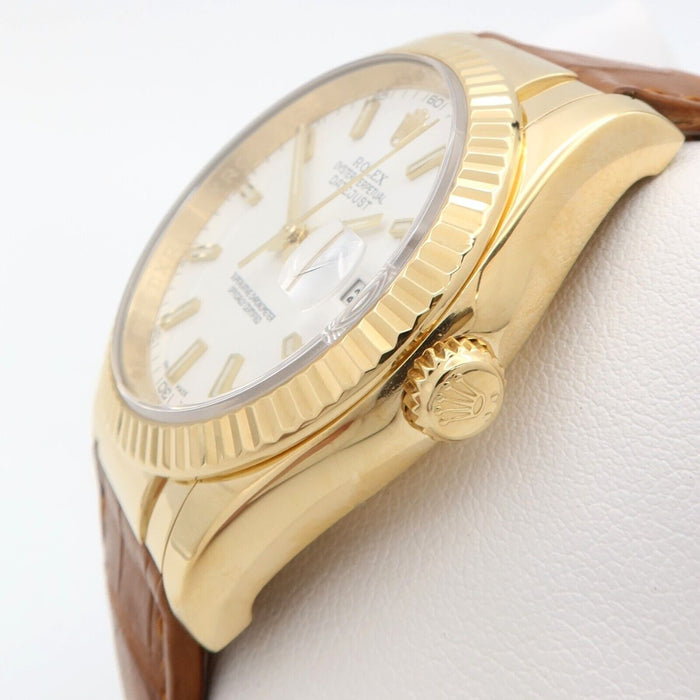Rolex Datejust 36 White Dial Solid 18K Yellow Gold & Leather w/Box 36MM 116138