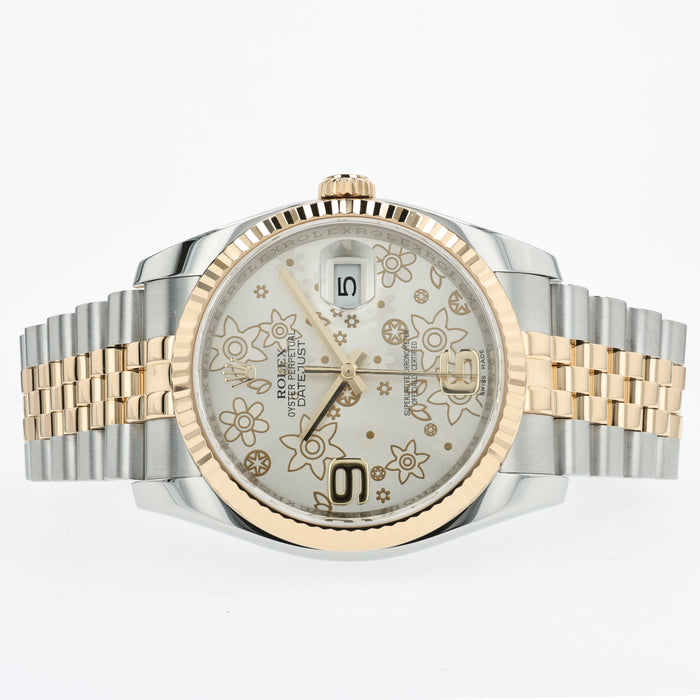 Rolex Datejust 36 Silver Floral Dial 18K Yellow Gold & Steel Jubilee 116233