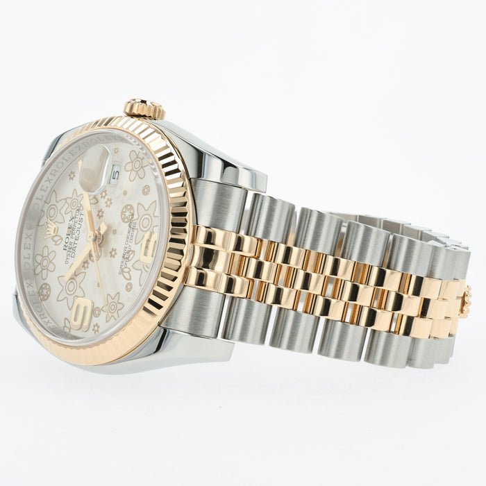 Rolex Datejust 36 Silver Floral Dial 18K Yellow Gold & Steel Jubilee 116233