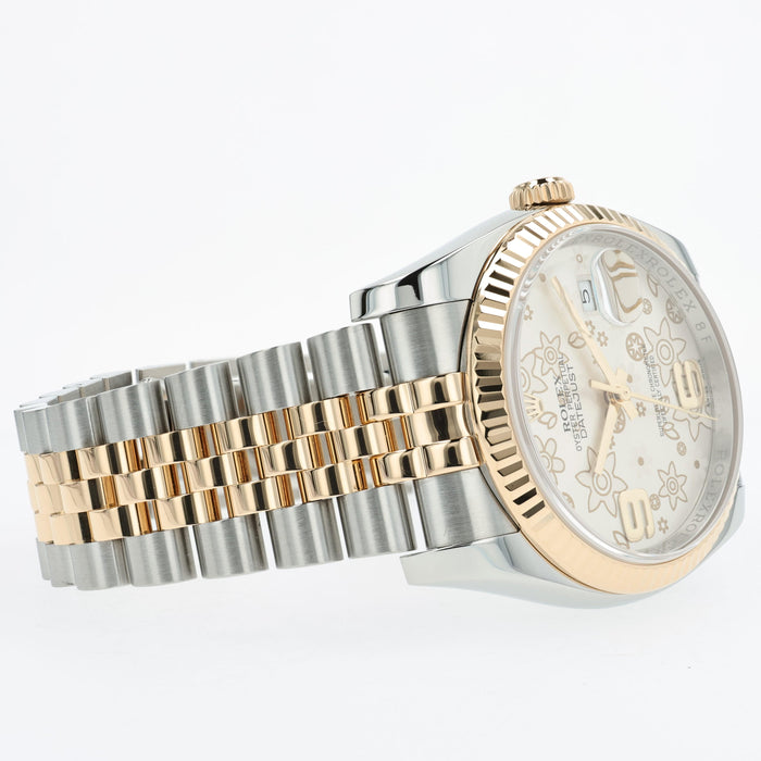 Rolex Datejust 36 Silver Floral Dial 18K Yellow Gold & Steel Jubilee 116233