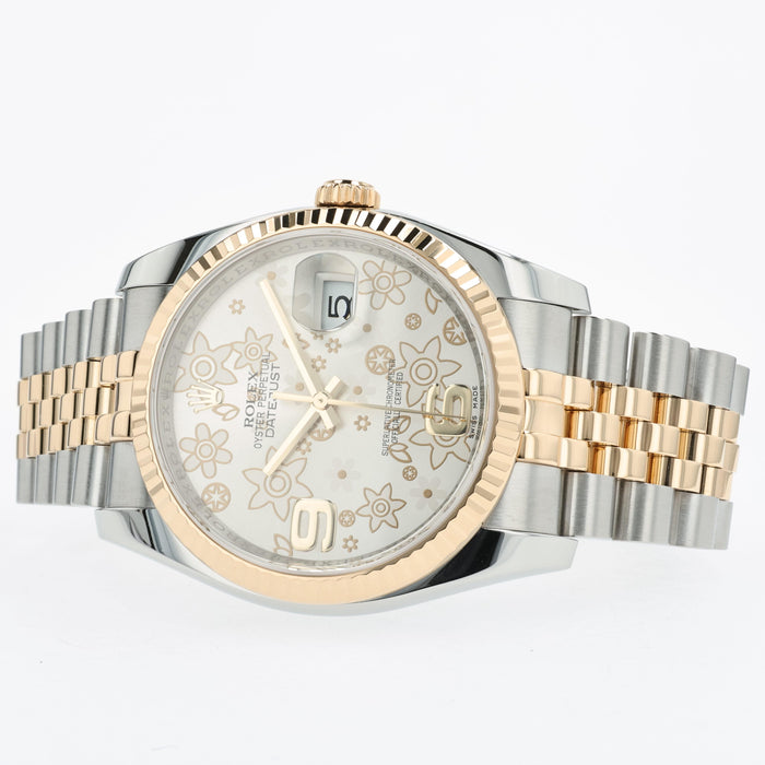 Rolex Datejust 36 Silver Floral Dial 18K Yellow Gold & Steel Jubilee 116233