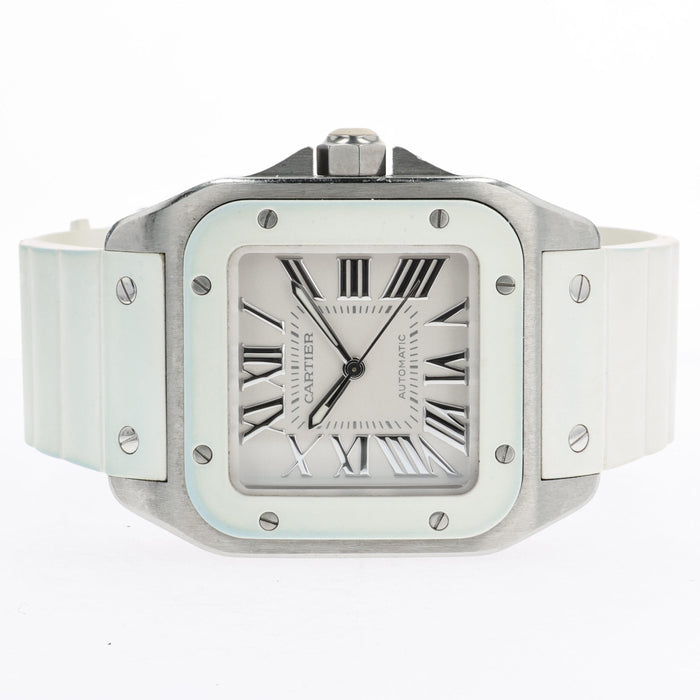 Cartier Santos 100 White Dial Medium Rubber Strap Automatic W20129U2 2878