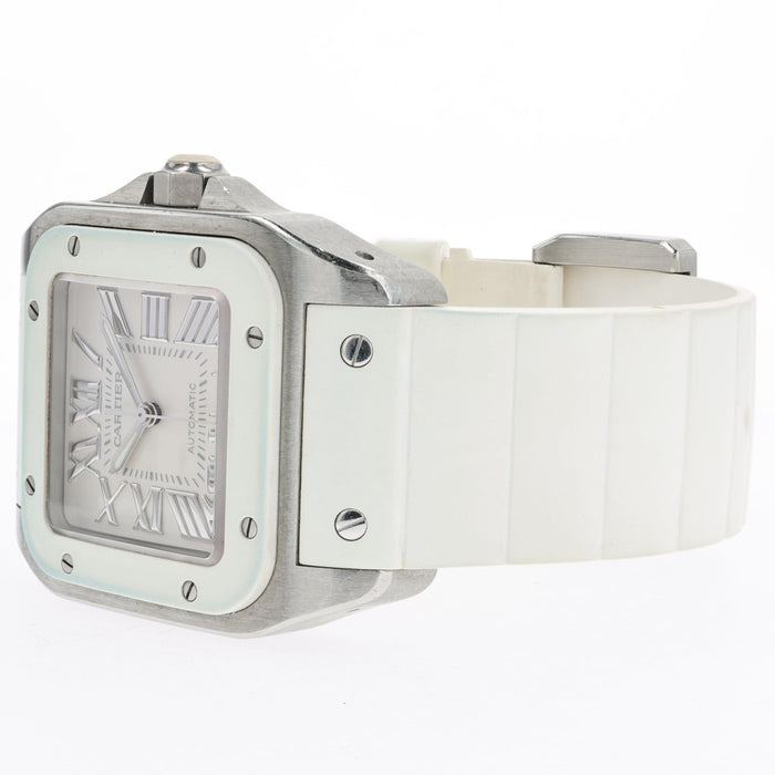 Cartier Santos 100 White Dial Medium Rubber Strap Automatic W20129U2 2878