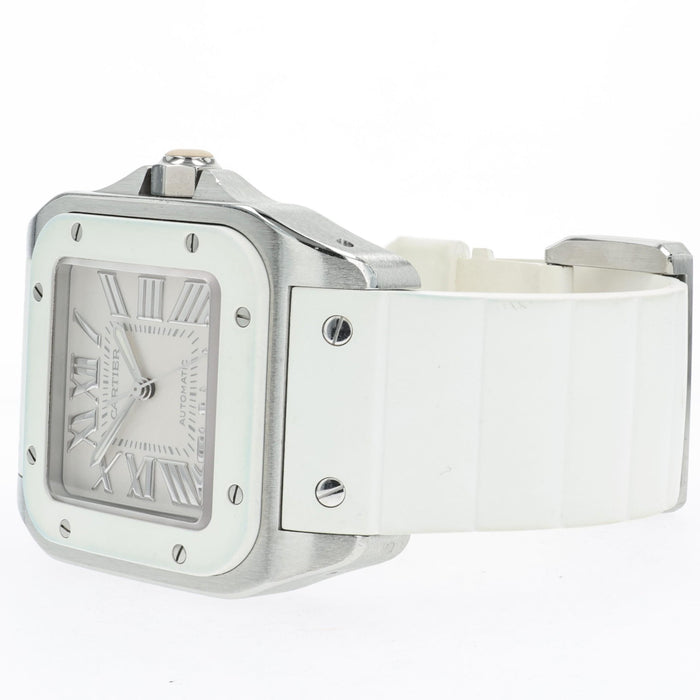 Cartier Santos 100 White Dial Medium Rubber Strap Automatic W20129U2 2878