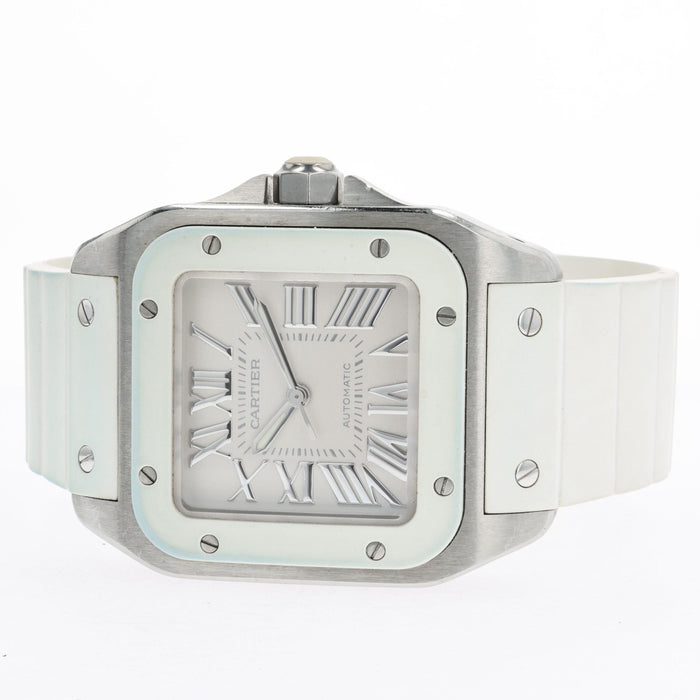 Cartier Santos 100 White Dial Medium Rubber Strap Automatic W20129U2 2878