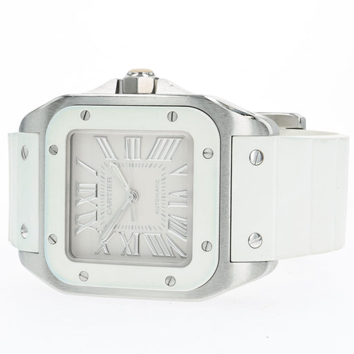 Cartier Santos 100 White Dial Medium Rubber Strap Automatic W20129U2 2878