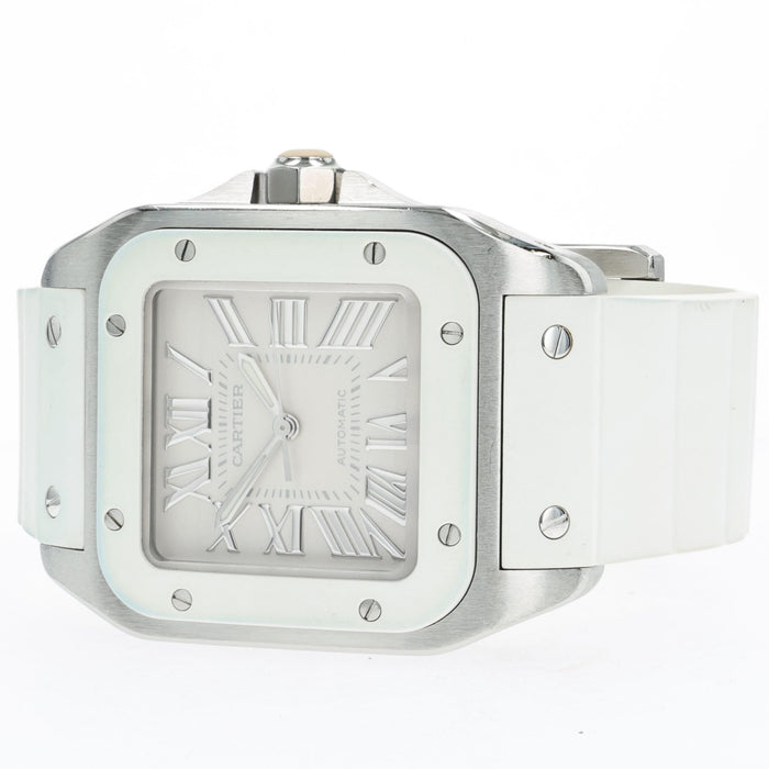 Cartier Santos 100 White Dial Medium Rubber Strap Automatic W20129U2 2878