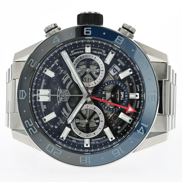 TAG Heuer Carrera Skeleton Chronograph Twin Time Batman 45MM Steel CBG2A1Z