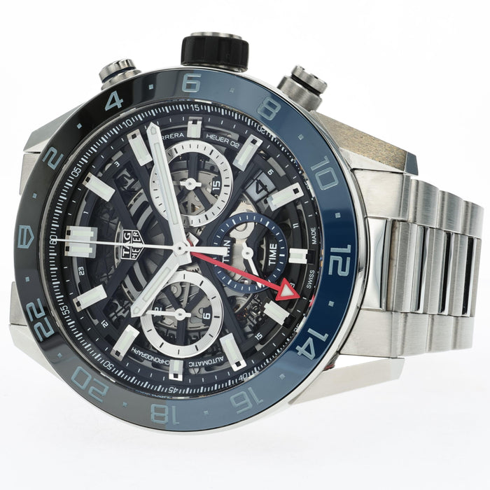 TAG Heuer Carrera Skeleton Chronograph Twin Time Batman 45MM Steel CBG2A1Z