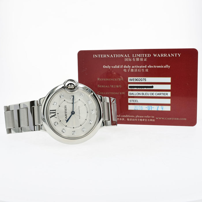 Cartier Ballon Bleu Automatic Diamond Silver Dial 36mm WE902075 3284