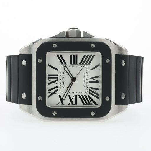 Cartier Santos 100 Silver Dial Rubber Bezel Stainless Steel W20121U2 2656