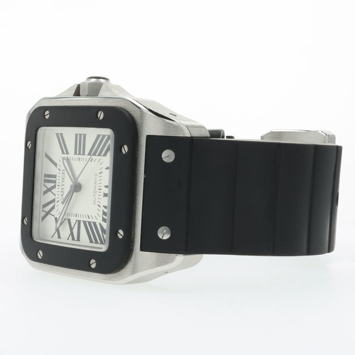 Cartier Santos 100 Silver Dial Rubber Bezel Stainless Steel W20121U2 2656