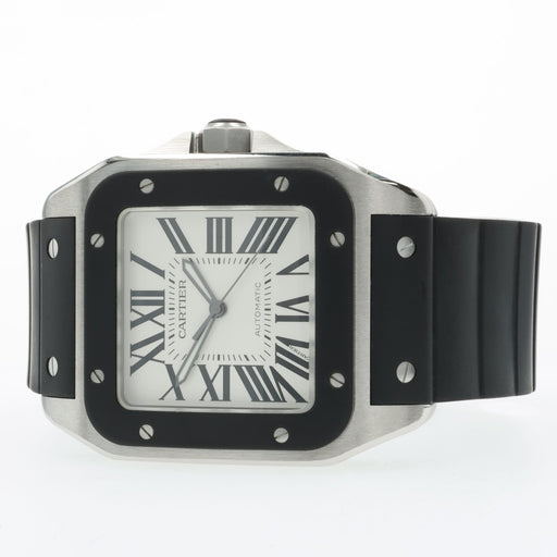 Cartier Santos 100 Silver Dial Rubber Bezel Stainless Steel W20121U2 2656
