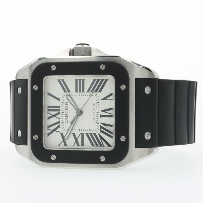 Cartier Santos 100 Silver Dial Rubber Bezel Stainless Steel W20121U2 2656