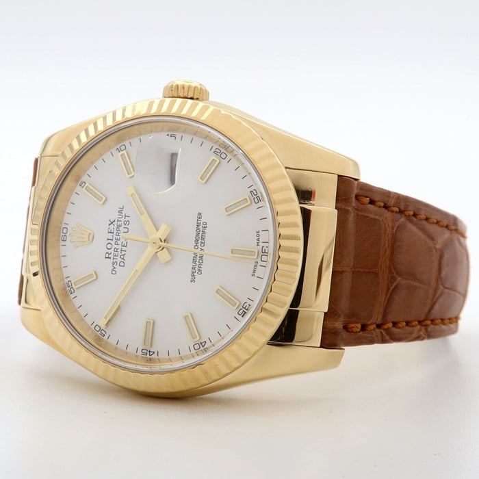 Rolex Datejust 36 White Dial Solid 18K Yellow Gold & Leather w/Box 36MM 116138