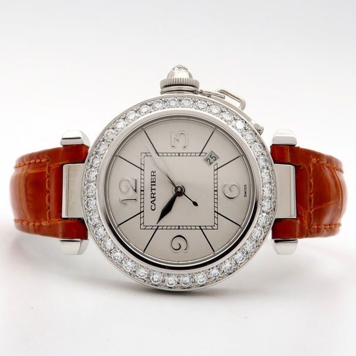 Cartier Pasha Automatic 18K White Gold Silver Dial Diamond Bezel 32MM 2398