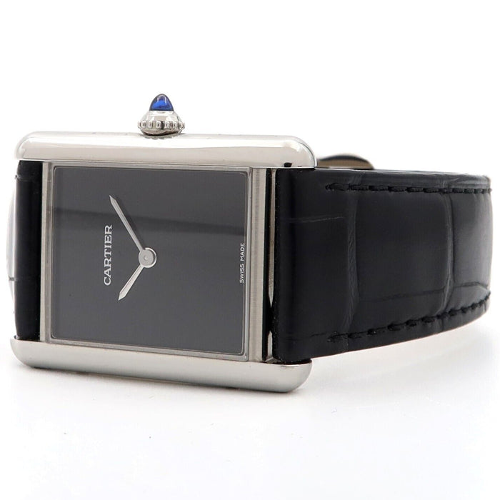 Cartier Tank Black Dial Stainless Steel/Leather Quartz large Model WSTA0072