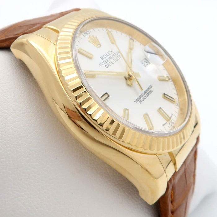Rolex Datejust 36 White Dial Solid 18K Yellow Gold & Leather w/Box 36MM 116138