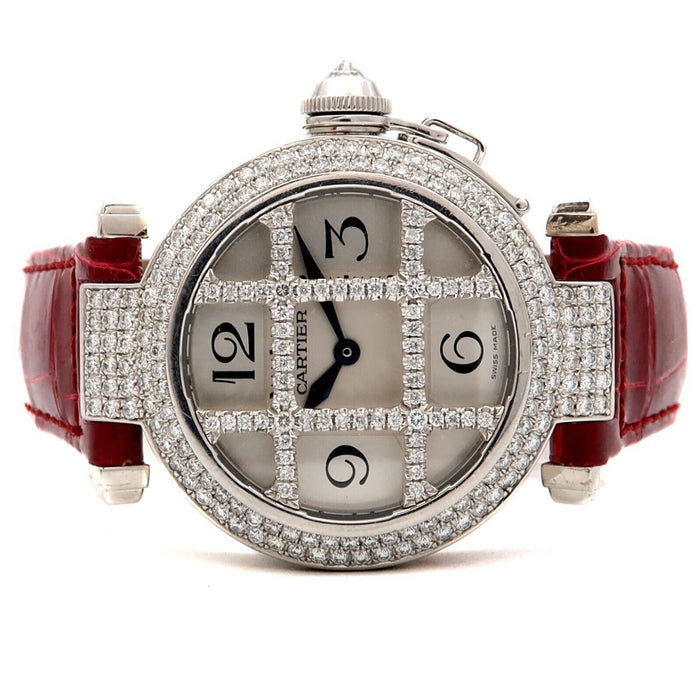 Cartier Pasha 18kt White Gold Diamond Bezel Grid Automatic 32MM Silver Dial 2816