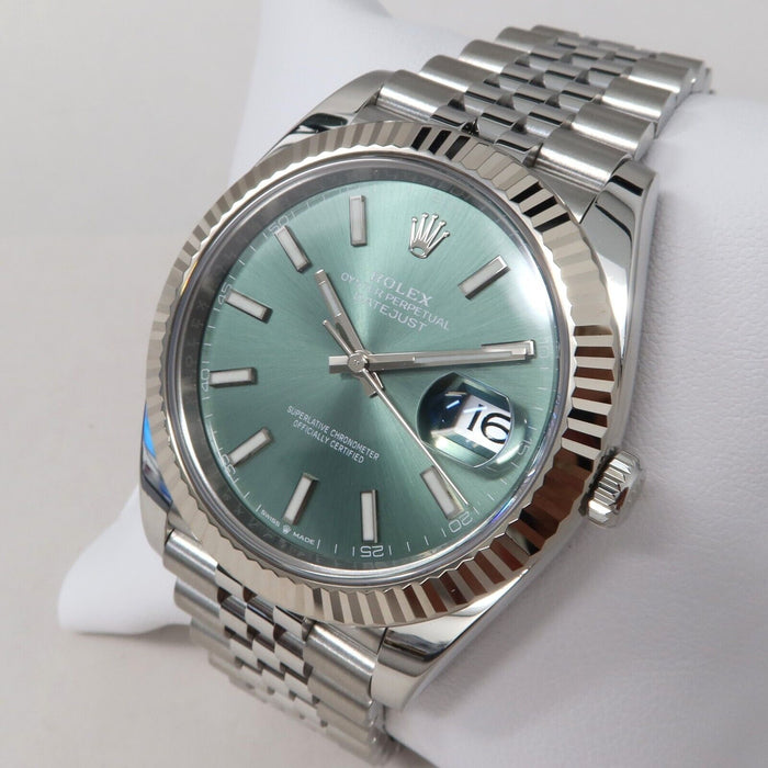 Rolex Datejust 41 Mint Green Dial Steel Jubilee White Gold Bezel Bx/Prs 126334