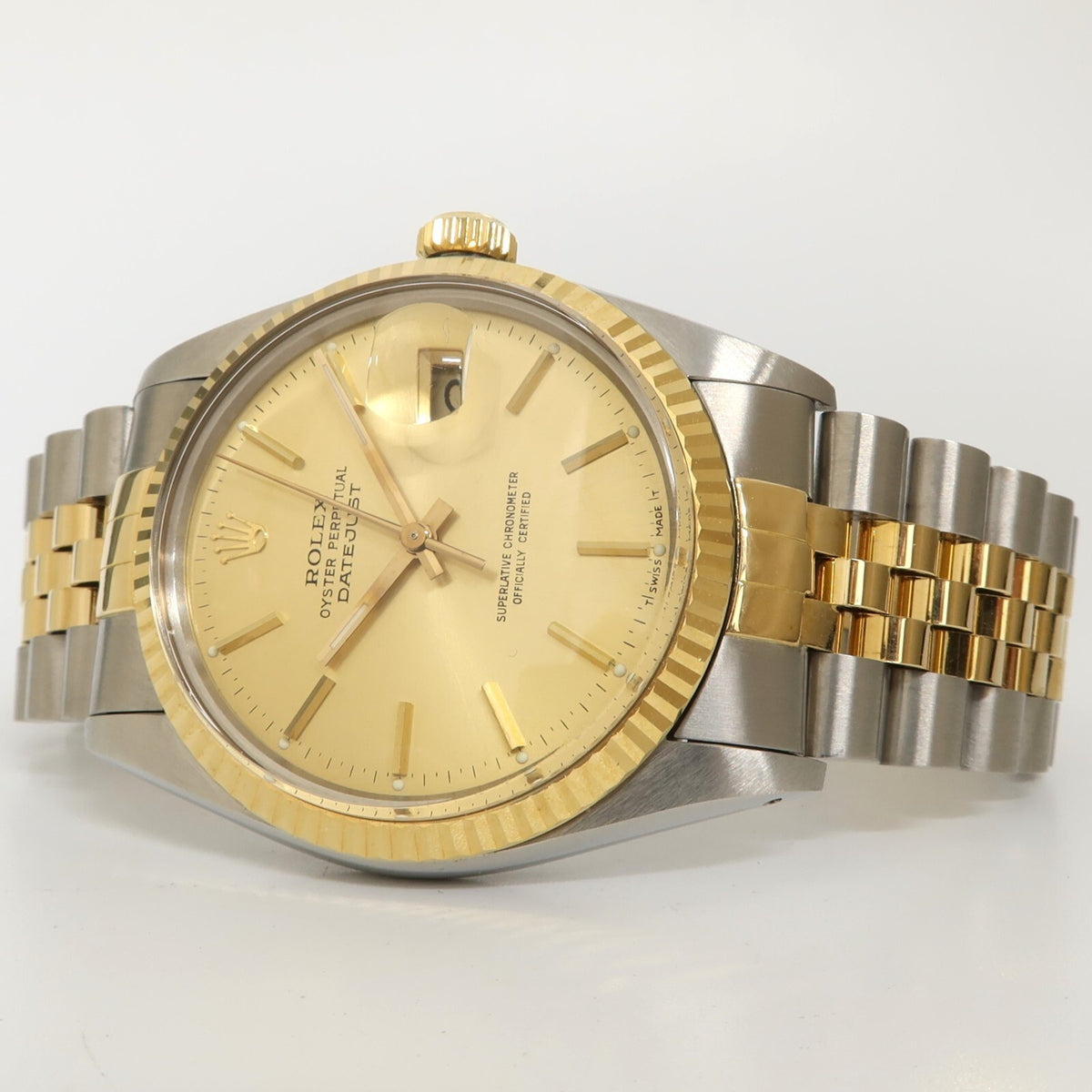 Rolex Datejust 36 in Yellow Gold with Champagne Dial and Black Leather Strap