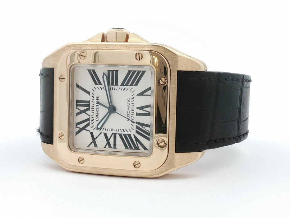 Cartier Santos 100 Large Solid 18kt Yellow Gold Silver Roman Dial W20112Y1 2657
