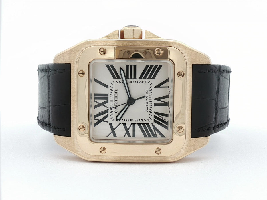 Cartier Santos 100 Large Solid 18kt Yellow Gold Silver Roman Dial W20112Y1 2657
