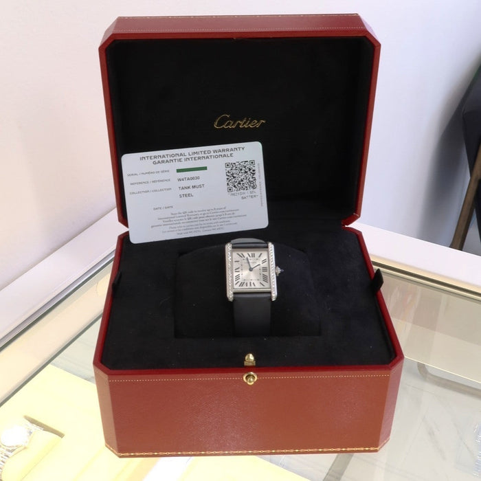Cartier Tank Must Factory Diamond Bezel Large Silver Dial Quartz W4TA0030 4323