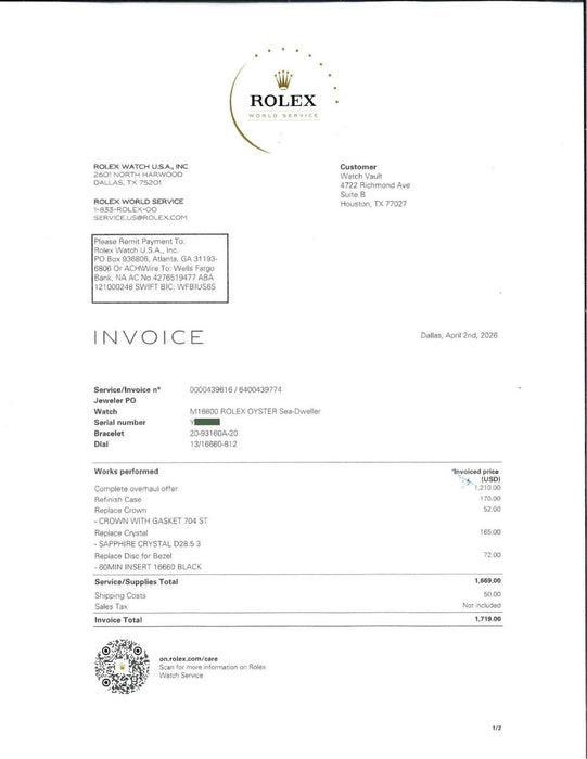 Rolex Sea-Dweller Black Dial Stainless Steel 40MM Automatic Oyster 16600