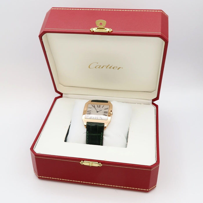 Cartier Santos Dumont 18K Rose Gold Manual Wind Silver Dial Green Strap W2006951